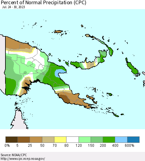 Papua New Guinea Percent of Normal Precipitation (CPC) Thematic Map For 7/24/2023 - 7/30/2023