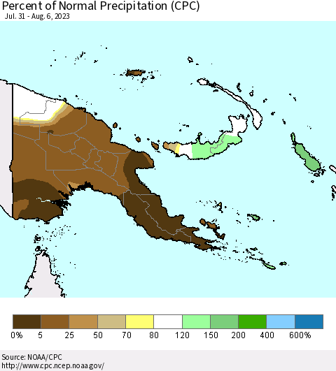 Papua New Guinea Percent of Normal Precipitation (CPC) Thematic Map For 7/31/2023 - 8/6/2023