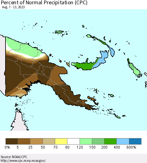 Papua New Guinea Percent of Normal Precipitation (CPC) Thematic Map For 8/7/2023 - 8/13/2023