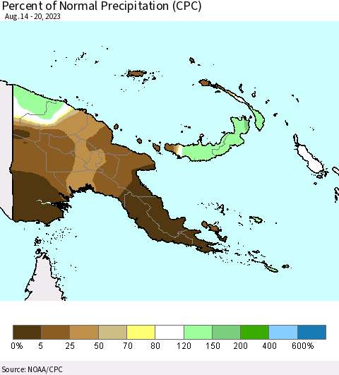 Papua New Guinea Percent of Normal Precipitation (CPC) Thematic Map For 8/14/2023 - 8/20/2023