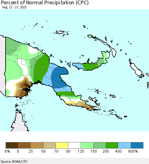 Papua New Guinea Percent of Normal Precipitation (CPC) Thematic Map For 8/21/2023 - 8/27/2023