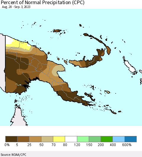 Papua New Guinea Percent of Normal Precipitation (CPC) Thematic Map For 8/28/2023 - 9/3/2023