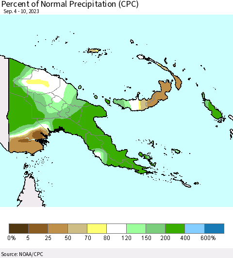Papua New Guinea Percent of Normal Precipitation (CPC) Thematic Map For 9/4/2023 - 9/10/2023