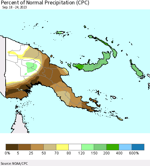 Papua New Guinea Percent of Normal Precipitation (CPC) Thematic Map For 9/18/2023 - 9/24/2023