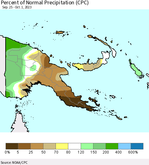 Papua New Guinea Percent of Normal Precipitation (CPC) Thematic Map For 9/25/2023 - 10/1/2023
