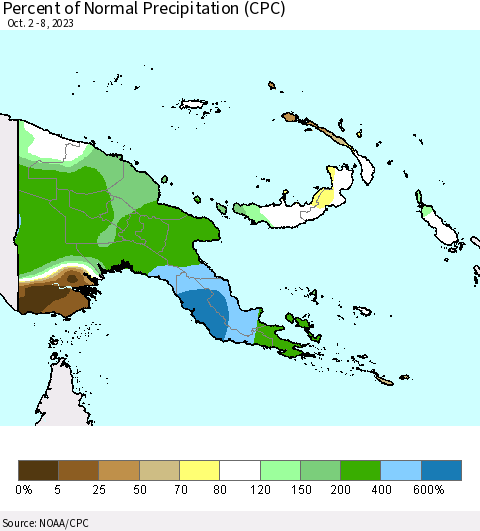 Papua New Guinea Percent of Normal Precipitation (CPC) Thematic Map For 10/2/2023 - 10/8/2023