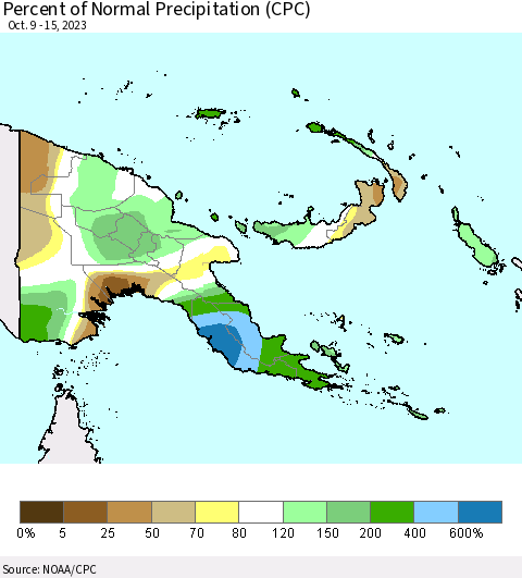 Papua New Guinea Percent of Normal Precipitation (CPC) Thematic Map For 10/9/2023 - 10/15/2023