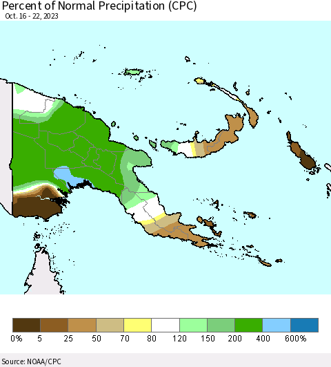 Papua New Guinea Percent of Normal Precipitation (CPC) Thematic Map For 10/16/2023 - 10/22/2023