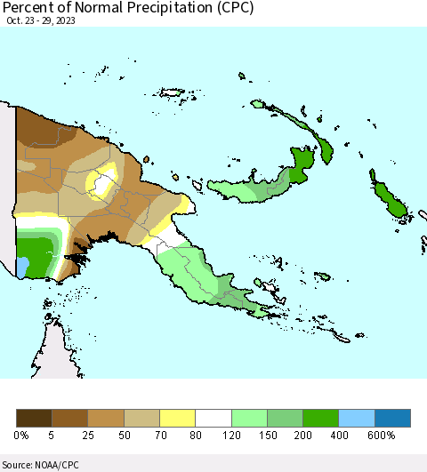 Papua New Guinea Percent of Normal Precipitation (CPC) Thematic Map For 10/23/2023 - 10/29/2023