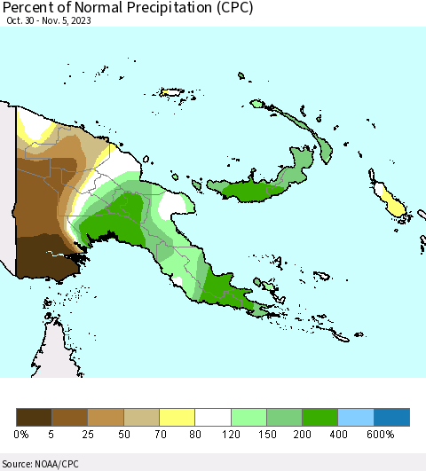 Papua New Guinea Percent of Normal Precipitation (CPC) Thematic Map For 10/30/2023 - 11/5/2023
