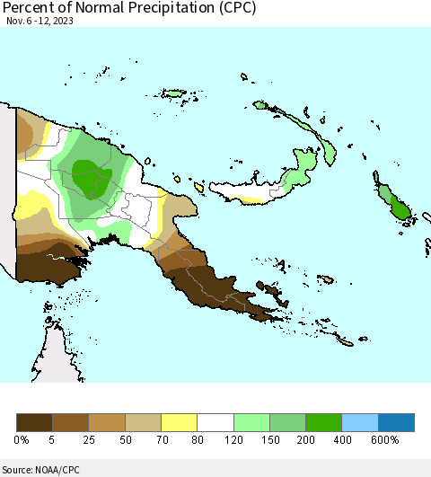 Papua New Guinea Percent of Normal Precipitation (CPC) Thematic Map For 11/6/2023 - 11/12/2023