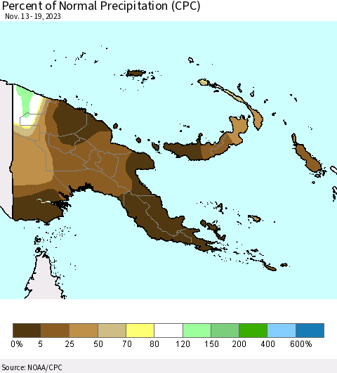 Papua New Guinea Percent of Normal Precipitation (CPC) Thematic Map For 11/13/2023 - 11/19/2023