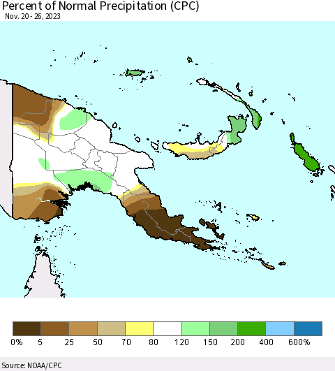 Papua New Guinea Percent of Normal Precipitation (CPC) Thematic Map For 11/20/2023 - 11/26/2023
