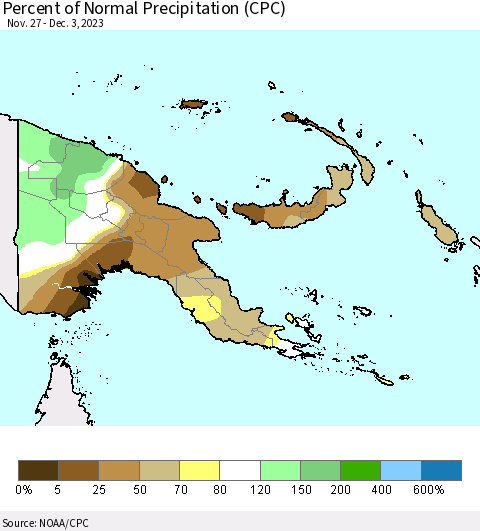 Papua New Guinea Percent of Normal Precipitation (CPC) Thematic Map For 11/27/2023 - 12/3/2023