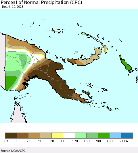 Papua New Guinea Percent of Normal Precipitation (CPC) Thematic Map For 12/4/2023 - 12/10/2023