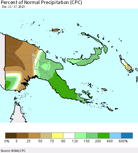 Papua New Guinea Percent of Normal Precipitation (CPC) Thematic Map For 12/11/2023 - 12/17/2023