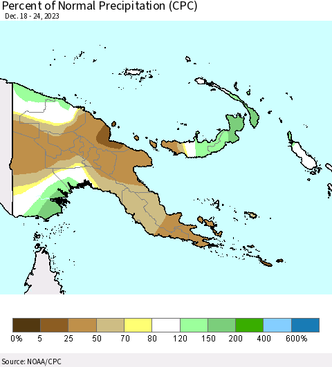 Papua New Guinea Percent of Normal Precipitation (CPC) Thematic Map For 12/18/2023 - 12/24/2023