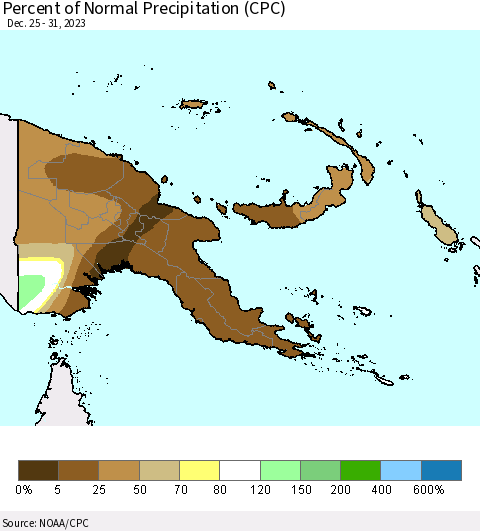 Papua New Guinea Percent of Normal Precipitation (CPC) Thematic Map For 12/25/2023 - 12/31/2023