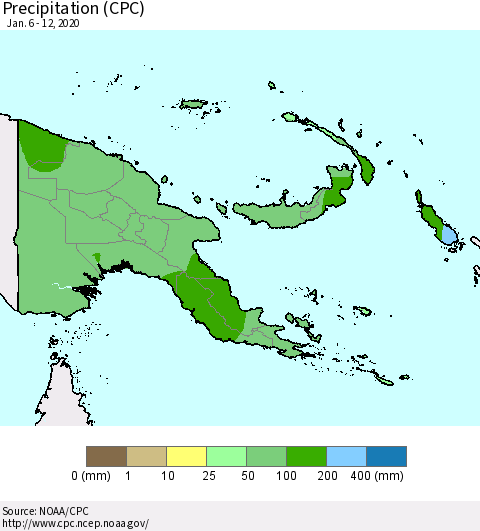 Papua New Guinea Precipitation (CPC) Thematic Map For 1/6/2020 - 1/12/2020