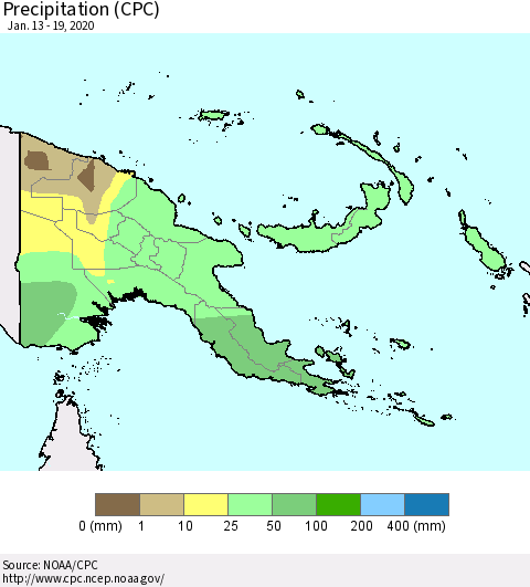 Papua New Guinea Precipitation (CPC) Thematic Map For 1/13/2020 - 1/19/2020