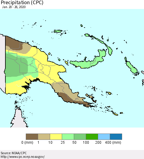 Papua New Guinea Precipitation (CPC) Thematic Map For 1/20/2020 - 1/26/2020