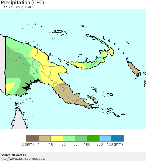 Papua New Guinea Precipitation (CPC) Thematic Map For 1/27/2020 - 2/2/2020