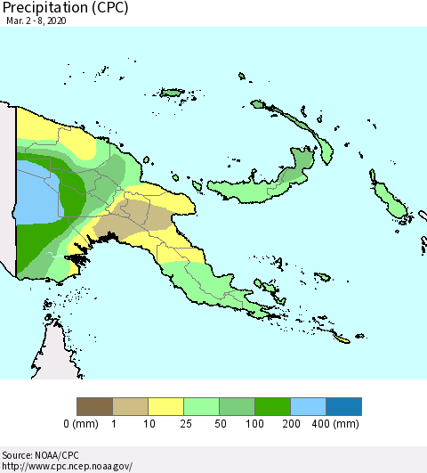 Papua New Guinea Precipitation (CPC) Thematic Map For 3/2/2020 - 3/8/2020