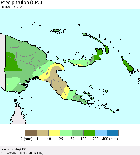 Papua New Guinea Precipitation (CPC) Thematic Map For 3/9/2020 - 3/15/2020