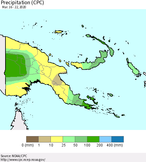 Papua New Guinea Precipitation (CPC) Thematic Map For 3/16/2020 - 3/22/2020