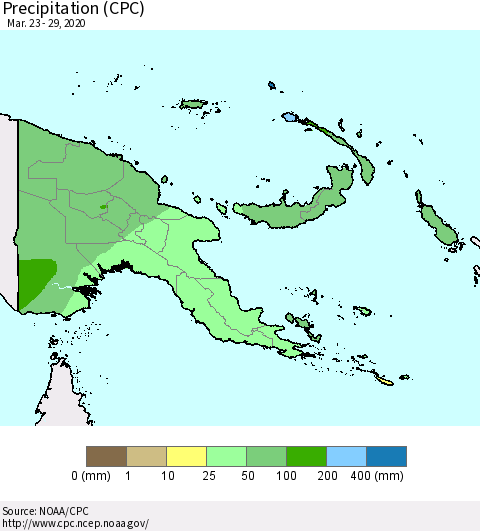 Papua New Guinea Precipitation (CPC) Thematic Map For 3/23/2020 - 3/29/2020
