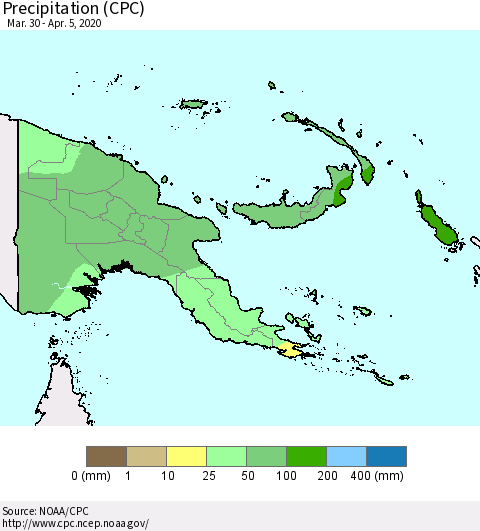 Papua New Guinea Precipitation (CPC) Thematic Map For 3/30/2020 - 4/5/2020