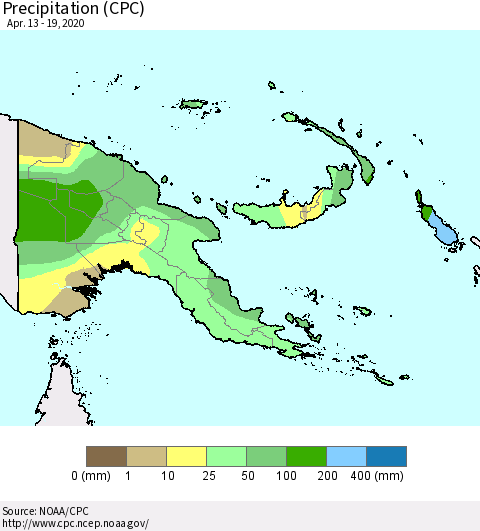 Papua New Guinea Precipitation (CPC) Thematic Map For 4/13/2020 - 4/19/2020