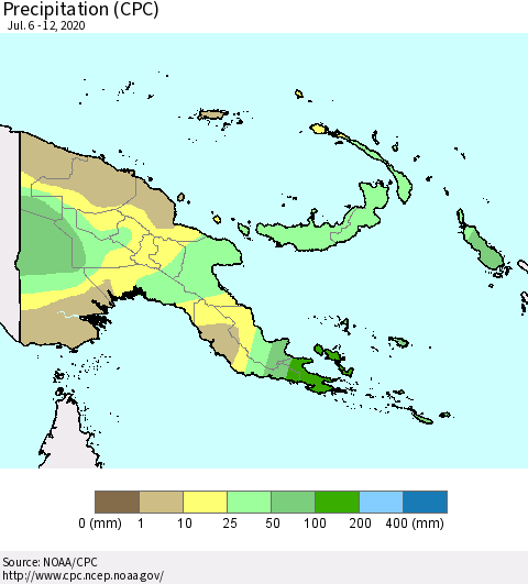 Papua New Guinea Precipitation (CPC) Thematic Map For 7/6/2020 - 7/12/2020
