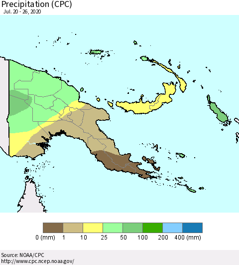 Papua New Guinea Precipitation (CPC) Thematic Map For 7/20/2020 - 7/26/2020