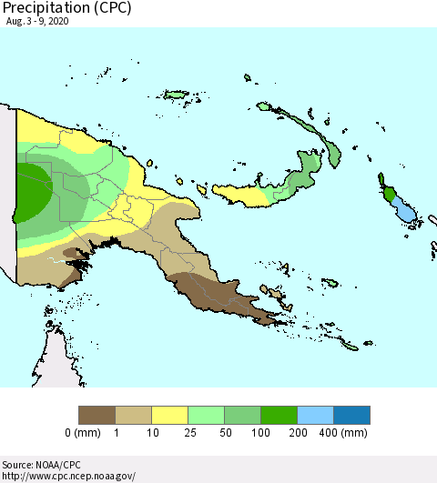 Papua New Guinea Precipitation (CPC) Thematic Map For 8/3/2020 - 8/9/2020