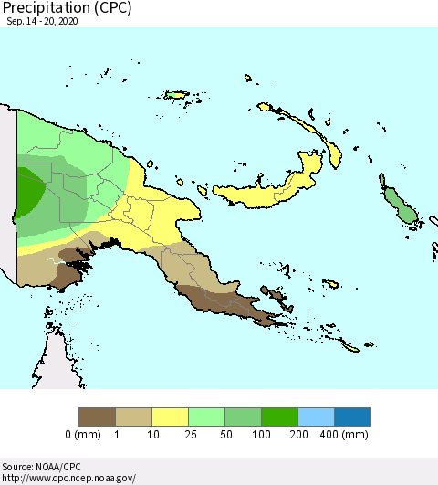 Papua New Guinea Precipitation (CPC) Thematic Map For 9/14/2020 - 9/20/2020