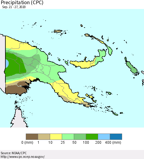 Papua New Guinea Precipitation (CPC) Thematic Map For 9/21/2020 - 9/27/2020