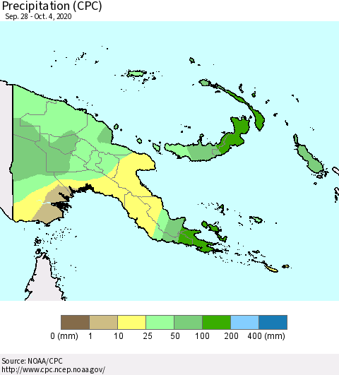 Papua New Guinea Precipitation (CPC) Thematic Map For 9/28/2020 - 10/4/2020