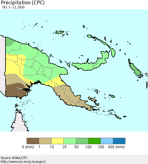 Papua New Guinea Precipitation (CPC) Thematic Map For 10/5/2020 - 10/11/2020