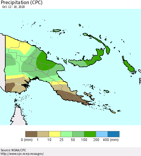 Papua New Guinea Precipitation (CPC) Thematic Map For 10/12/2020 - 10/18/2020