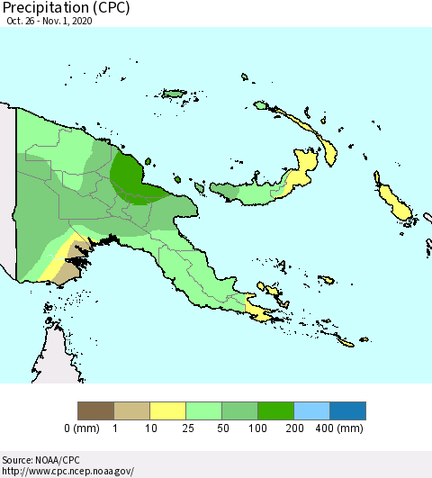 Papua New Guinea Precipitation (CPC) Thematic Map For 10/26/2020 - 11/1/2020