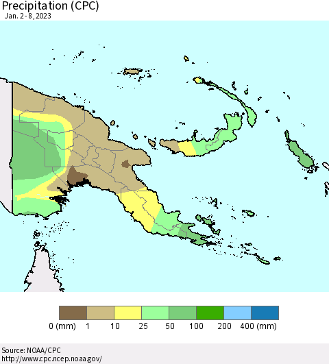 Papua New Guinea Precipitation (CPC) Thematic Map For 1/2/2023 - 1/8/2023
