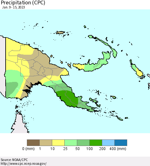 Papua New Guinea Precipitation (CPC) Thematic Map For 1/9/2023 - 1/15/2023