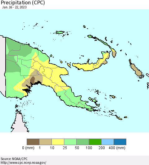 Papua New Guinea Precipitation (CPC) Thematic Map For 1/16/2023 - 1/22/2023