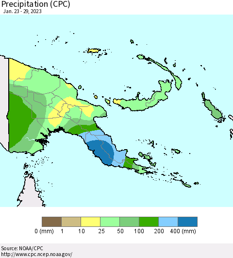 Papua New Guinea Precipitation (CPC) Thematic Map For 1/23/2023 - 1/29/2023