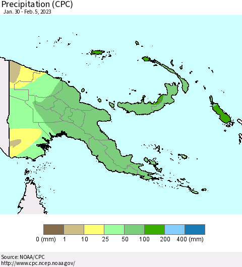 Papua New Guinea Precipitation (CPC) Thematic Map For 1/30/2023 - 2/5/2023
