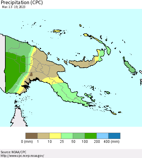 Papua New Guinea Precipitation (CPC) Thematic Map For 3/13/2023 - 3/19/2023