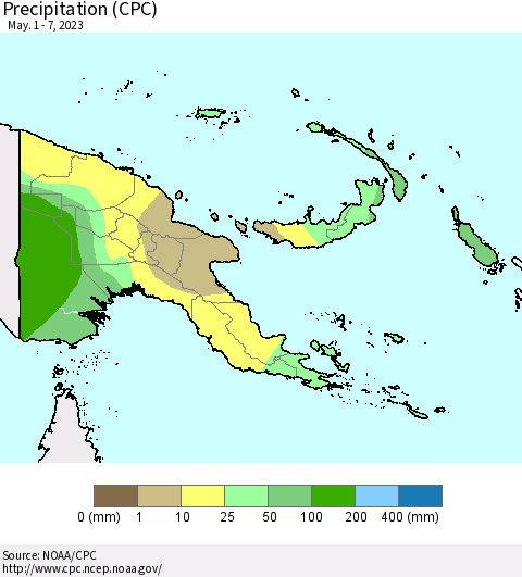 Papua New Guinea Precipitation (CPC) Thematic Map For 5/1/2023 - 5/7/2023