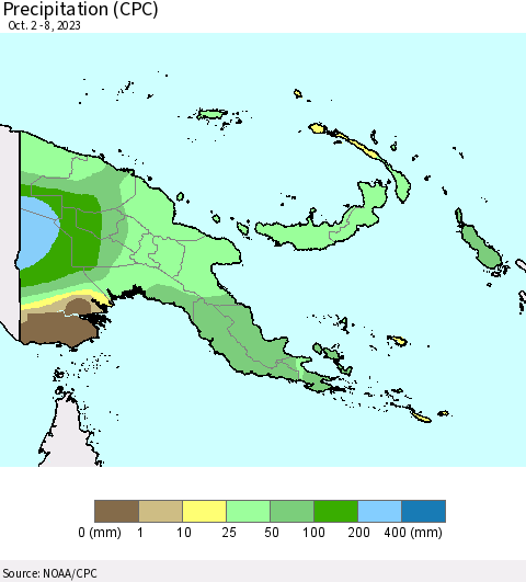 Papua New Guinea Precipitation (CPC) Thematic Map For 10/2/2023 - 10/8/2023