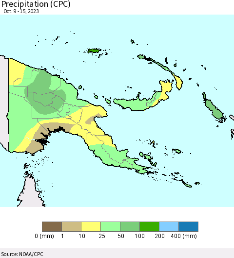 Papua New Guinea Precipitation (CPC) Thematic Map For 10/9/2023 - 10/15/2023